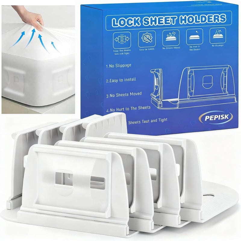 Pepisk Upgrade Bed Sheet Holders for Corners: 4Pcs Fitted Lock Sheet Holders Keep Sheets Firm & Tight, Heavy Duty Bed Sheet Clips, with Clip Easy to Install for All Mattress Sizes - No More Loose Sheets - Image 1